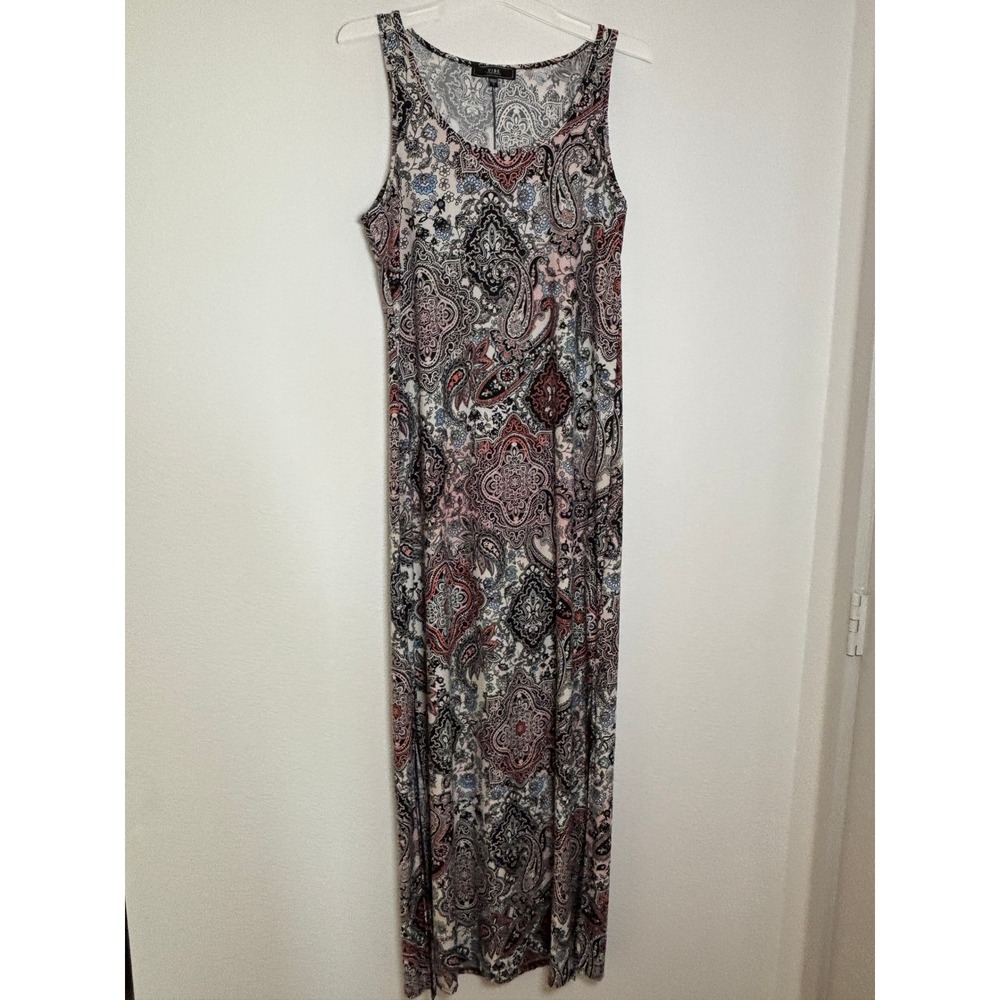 Vibe Sportswear Womens Paisley Print Sleeveless Maxi Dress Black Burgundy Large